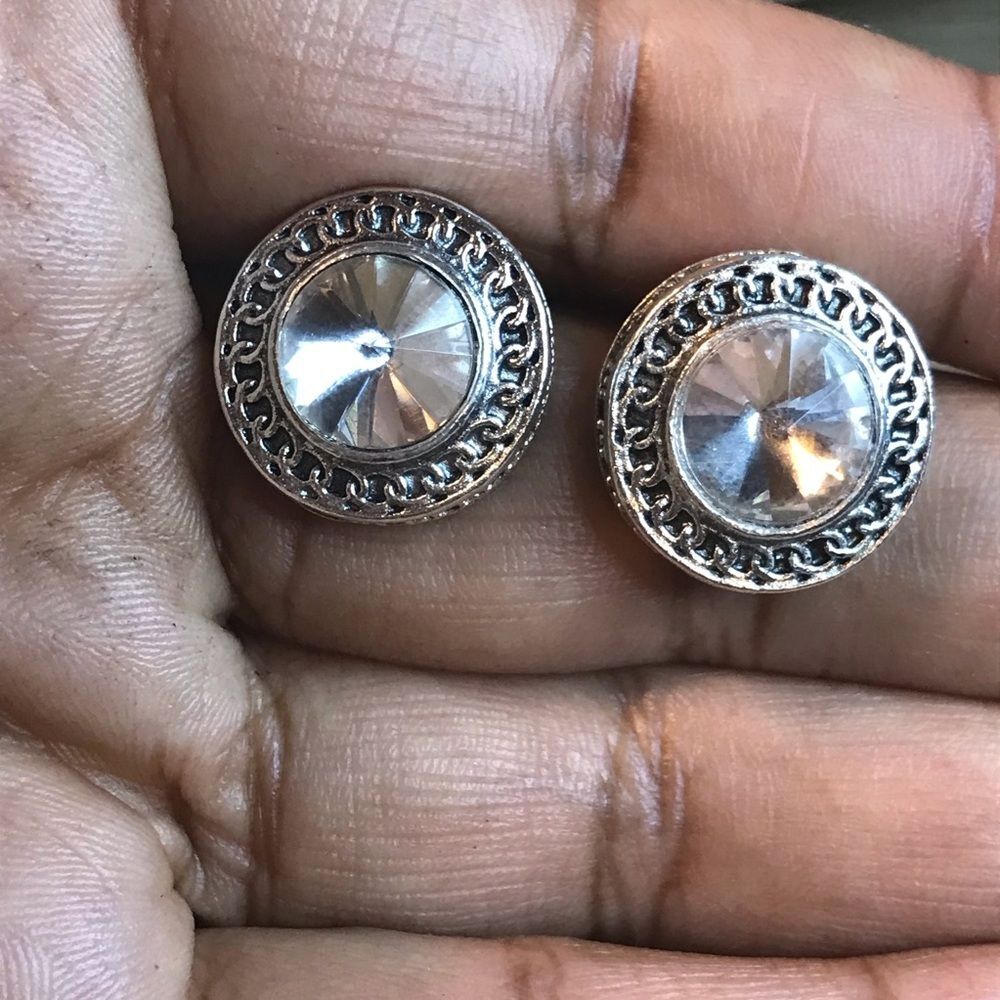 Vintage Silver Plated Round Crystal Studded Earrings